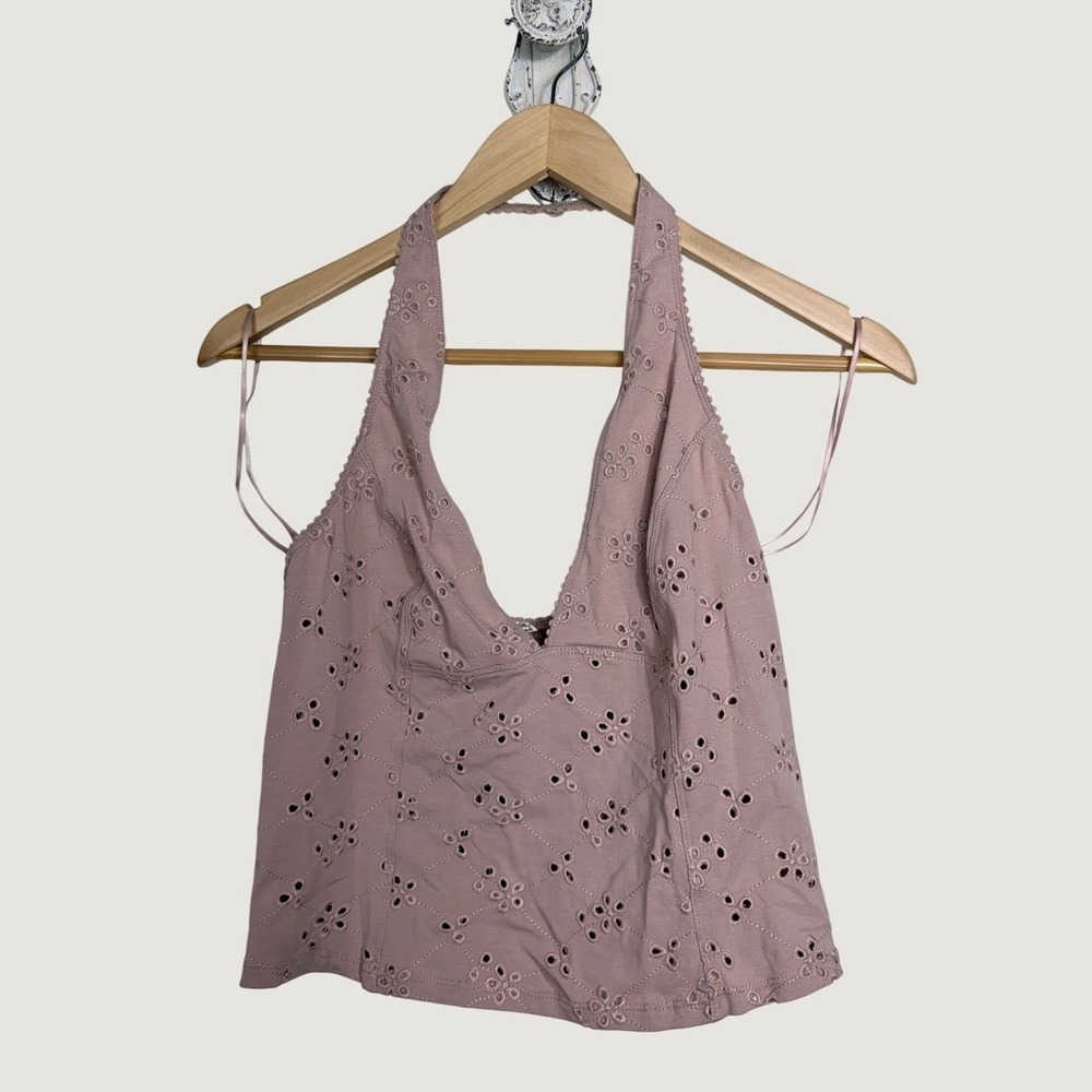Intimately Free People Full Bloom Halter Top M Mauve Eyelet Embroidery V-Neck